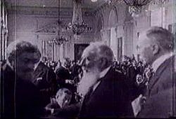 The Treaty of Trianon negotiations on June 4, 1920. Hungarian diplomat Albert Apponyi is pictured standing at middle.