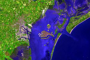 Venice and surroundings in false color, from TERRA satellite. The picture is oriented with North at the top.