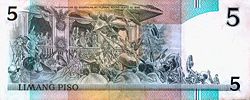 Aguinaldo proclaims the independence of the Philippines from Spain on June 12, 1898 - as depicted on the back of the old Philippine 5-peso bill.