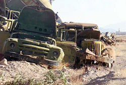 Remains of Soviet trucks in Kandahar, Afghanistan, 2002.