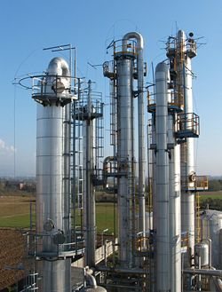 Typical industrial fractional distillation columns.