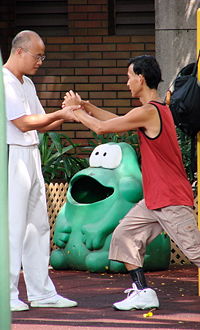 A Yang style teacher corrects his student's form