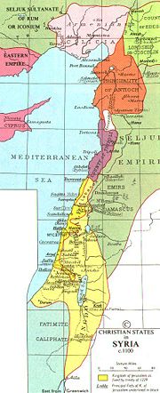 Map of the crusader states, showing the area controlled by the Assassins around Masyaf, slightly above the center.