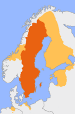The Swedish Empire in 1658 (orange) overlaid by present day Sweden (dark orange)