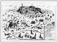 Engraving depicting the Venetian siege of the Acropolis of Athens, September 1687. The trajectory of the shell that hit the Parthenon, causing its explosion, is marked.