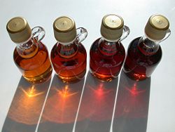 U.S. Syrup grades (left to right): Vermont Fancy, Grade A Medium Amber, Grade A Dark Amber, Grade B