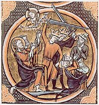 1250 French Bible illustration depicts Jews (identifiable by Judenhut) being massacred by Crusaders.