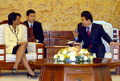 United States Secretary of State Condoleezza Rice met with South Korean President Roh Moo-hyun March 20, 2005 at the presidential house in Seoul.
