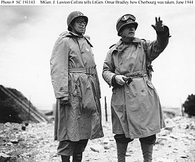 Lt Gen Omar Bradley (left), Commanding General, U.S. First Army, listens as Maj Gen J. Lawton Collins, Commanding General, US VII Corps, describes how the city of Cherbourg was taken (c. June 1944).