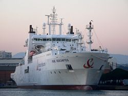 Submarine cables are laid using special cable-laying ships, such as the modern René Descartes, operated by France Telecom Marine.