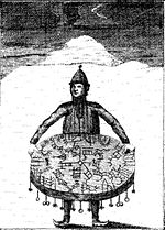Copper carving (1767) by O.H. von Lode showing a Sami shaman with his drum (meavrresgárri)