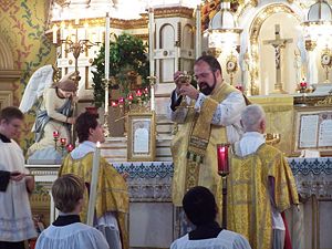 At a Solemn Tridentine Mass, the host is displayed to the people before communion.