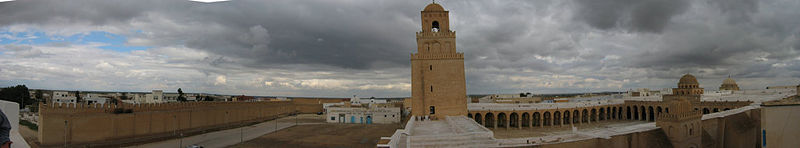 Panorama of the minaret and the courtyard (on the right) of the Great Mosque of Kairouan.