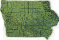 Topography of Iowa, with counties and major streams.