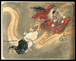 Tengu and a Buddhist monk, by Kawanabe Kyōsai. The tengu wears the cap and pom-pommed sash of a follower of Shugendō.