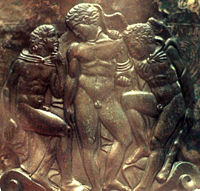 Heracles and Iolaus, with Eros between them.fourth c. B.C.E. Etruscan ritual vessel