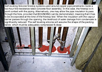 Self-leveling silicone firestop system used around copper pipes penetrating a two-hour fire-resistance rated concrete floor assembly.