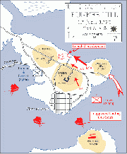 The first British attack on Bunker Hill. Colored areas are hills.