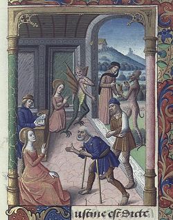 Cyprian, upper right, is tempted by demons, while Saint Justina, a later martyr, is pictured at the lower left.
