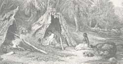 A nineteenth century engraving of an Indigenous Australian encampment, showing the indigenous mode of life in the cooler parts of Australia at the time of European settlement.