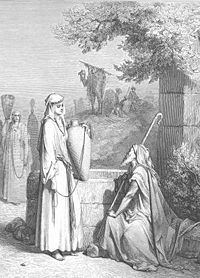 Rebekah meets Abraham's servant Eliezer at the well of Nahor.