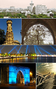 Clockwise from top: Skyline at Ashram Road, Sidi Saiyyed ni Jali, Kankaria Lakefront, Ellis Bridge, Dilli Darwaja, Hatheesing Temple