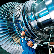 A rotor of a modern steam turbine, used in a power plant.