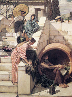 Diogenes by John William Waterhouse, depicting his lamp, tub and diet of onions.