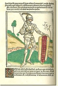 John Hunyadi, hand-colored woodcut in Johannes de Thurocz`s Chronicle Chronica Hungarorum, Brno, 1488.