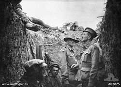 A trench at Lone Pine after the battle, showing Australian and Turkish dead on the parapet.