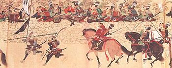 Samurai and defensive wall at Hakata by Moko Shurai Ekotoba (蒙古襲来絵詞), c. 1293
