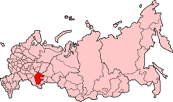 Map of the Russian Federation with Bashkiria (Bashkortostan) highlighted in red