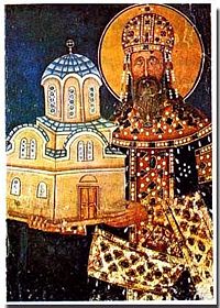 King Stefan Milutin with a model of King's Church, a fresco from King's Church at Studenica Monastery.