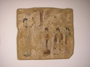 Nestorian priests in a procession. Wall painting from the caves of Bezeklik