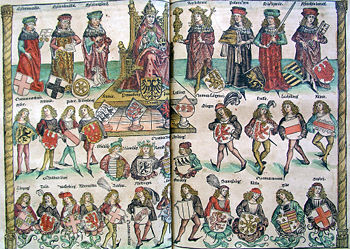 Counts of Cilli in the structure of the Holy Roman Empire, illustration from the Nuremberg chronicles.