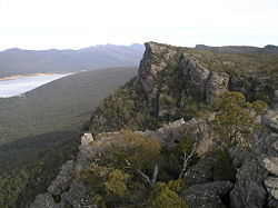 View from The Pinnacle in Grampians National Park. Lake Bellfield can be seen at the left.