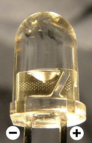 Close-up of a typical LED in its case, showing the internal structure.
