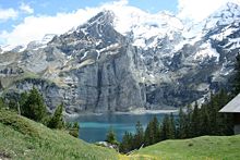 Oeschinen Lake in the Swiss Alps.