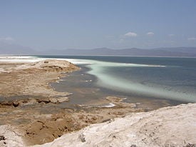 Lake Assal, with the salt pan on the left.