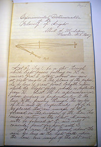 First page of Michelson's Experimental Determination of the Velocity of Light, written during his time in the U.S. Navy.