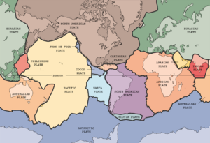 The tectonic plates of the Earth's lithosphere.