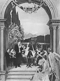 Walter Willson Cobbett playing a concerto for violin, piano, and string quartet.
