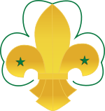 A fleur-de-lis positioned on a trefoil, in the original Scouting colors chosen by Lord Baden-Powell