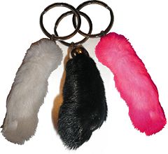 Lucky rabbit's foot key chains are sold in a variety of colors.
