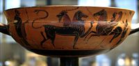 Bellerophon fighting the Chimera. Side A of an attic black-figured “double-decker” Siana cup, ca. 575–550 B.C.E. Found in Camiros (Rhodes).