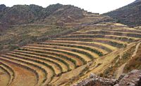 Intihuatana ruins with agricultural terraces below at Písac, Peru