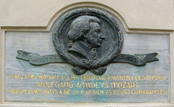 Memorial plaque dedicated to Wolfgang Amadeus Mozart in Václavské náměstí square in Olomouc (Czech Republic). Mozart in 1767, as an 11 year old boy was fleeing from Vienna due to a smallpox epidemic and wrote his Sixth Symphony in F Major in Olomouc.
