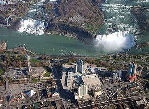 Aerial view of Niagara Falls, with American Falls at left