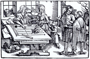 Counting table (woodcut probably from Strasbourg). The spaces between the lines function as the wires on an abacus. The place value is marked at the end.