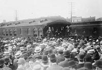 William Jennings Bryan addresses a crowd from a train in Utica, New York, October 21, 1908.